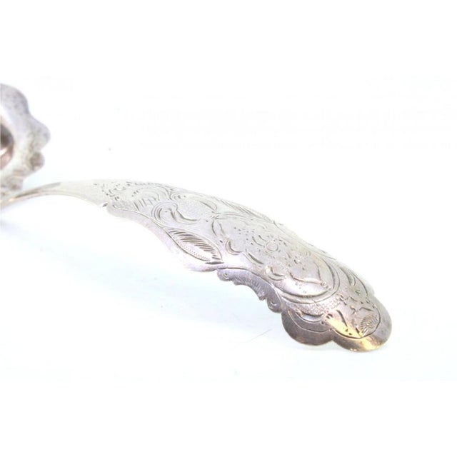 Silver Sauce Spoon with Scalloped Ladle and Curved Handle Engraving For Sale - Image 4 of 8