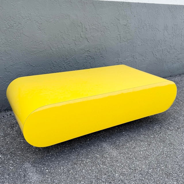 Postmodern Postmodern Yellow Gloss Laminate Bullnose Coffee Table on Mirror Base For Sale - Image 3 of 7
