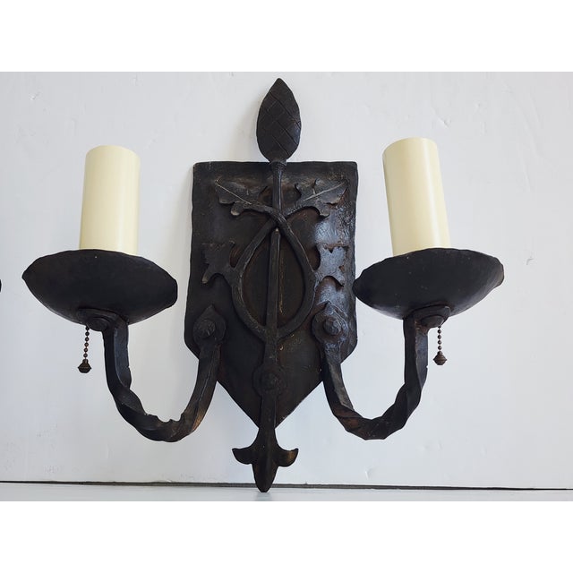 Metal Antique Spanish Revival Wrought Iron Wall Sconces - a Pair For Sale - Image 7 of 11