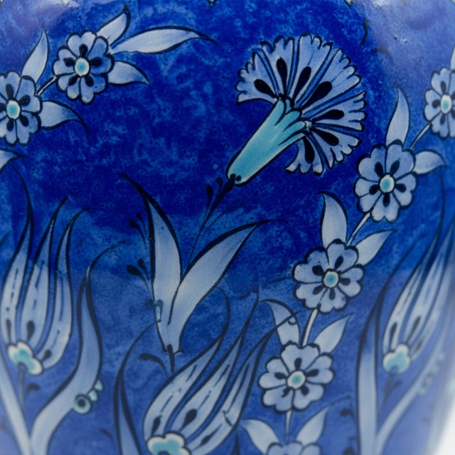Turkish Handmade Ceramic Shah Vase with Lid (30cm) Deep Blue Saz Style Floral Lidded Jar For Sale - Image 3 of 9