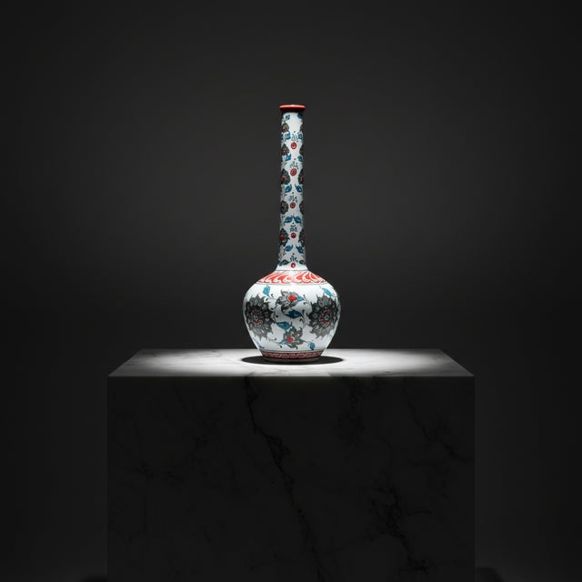 Gray Handmade Ceramic Long Neck Vase (25cm) – Grey Lotus & Red Shoulder – Elegant Bottle Form For Sale - Image 8 of 8
