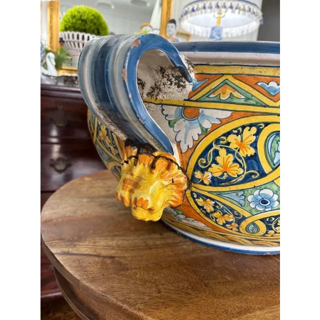 Ceramic Early 20th Century Enormous Tuscan Over Sized Early Twentieth Century Hand Painted Sicilian Italian Centerpiece Planter With Lionhead Handles Italy For Sale - Image 7 of 11