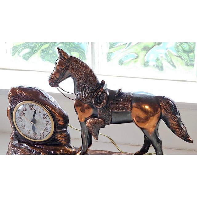 Metal Vintage Copper Horse Mantel Clock by Wm. L. Gilbert – Electric Western Shelf Clock, New Haven Era Antique Collectible For Sale - Image 7 of 18