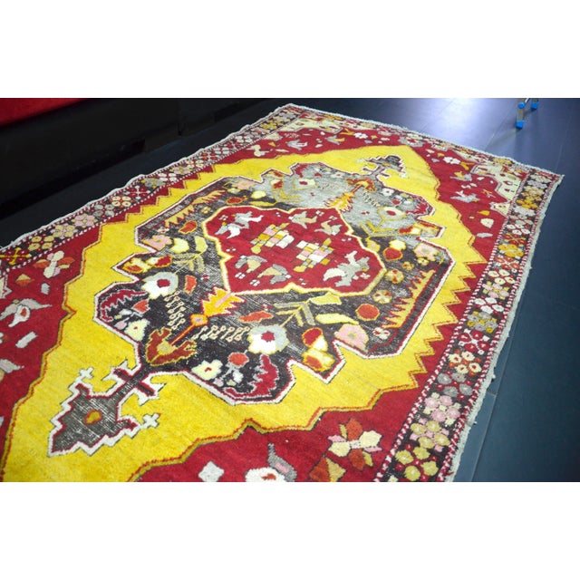 Textile Vintage Turkish Red and Yellow Rug For Sale - Image 7 of 11