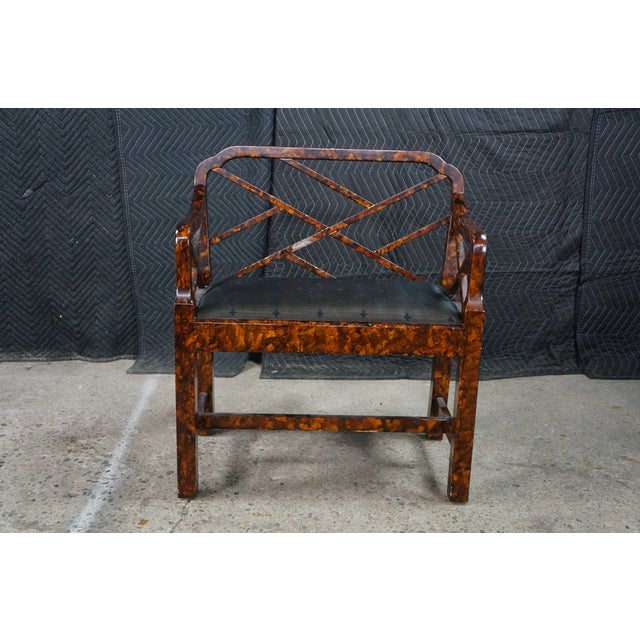 Late 20th Century Vintage Chinese Chippendale Faux Tortoise Shell Pierced Trellis Bench Arm Chair For Sale - Image 5 of 18