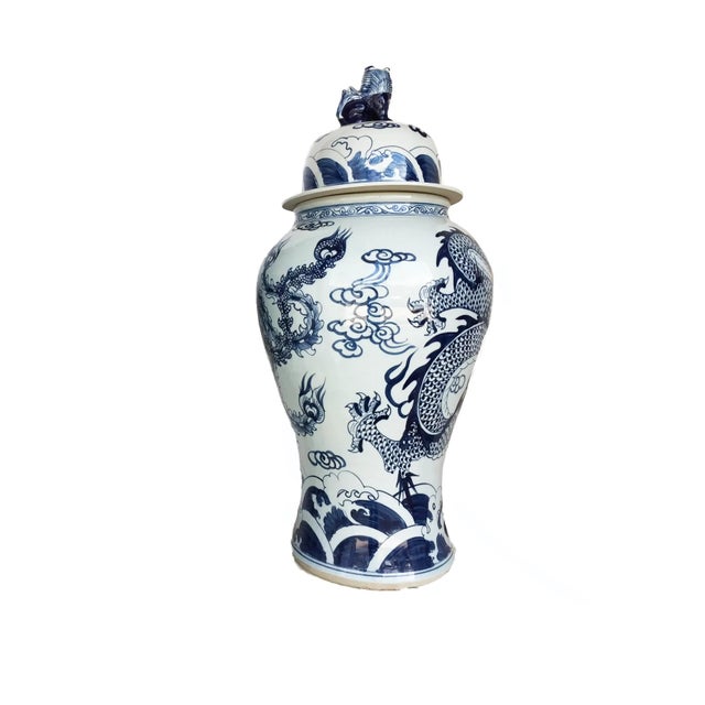 Vintage Lg Chinoiserie Blue & White Porcelain Ginger Jar Dragon & Phoenix 37" H For Sale - Image 4 of 8