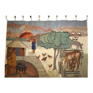 Vintage African Tapestry, Handwoven Wool, Village Life Scenes, Ivory & Blue, 4x5 For Sale