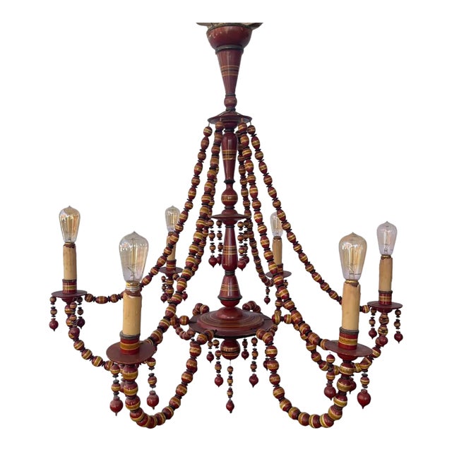 1950's Turkish Hand-Carved Wooden 6-Arm Chandelier Beaded & Hand-Painted For Sale