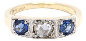 1930s Art Deco Sapphire and Diamond Ring, 14k Yellow Gold, Ring Size 5