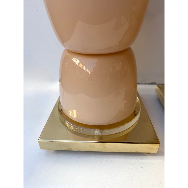 Contemporary Brass and Pink Powder Murano Glass Cup Lamps - Pair For Sale - Image 9 of 12