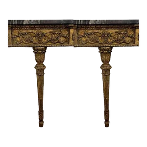Antique Continental Gilt Mounted Corner Shelves with Black and Gold Marble Top
