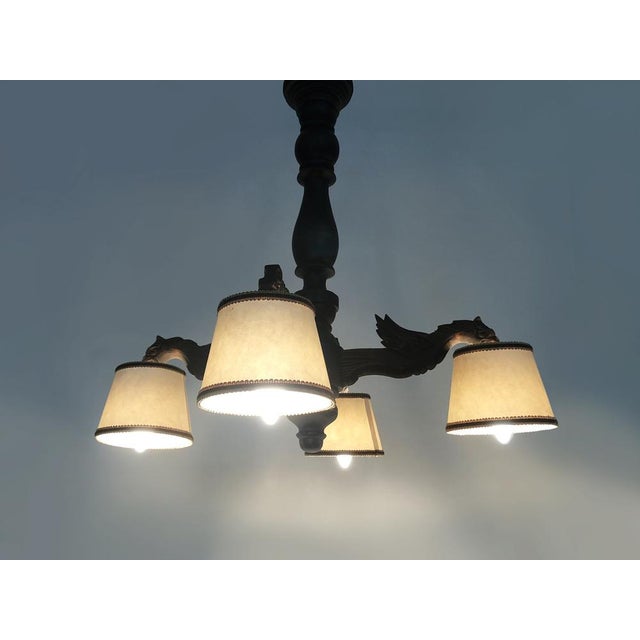 Old dragon chandelier in hand-carved wood 4 lights 1950s Old Gothic castle chandelier in hand-carved wood, France,...