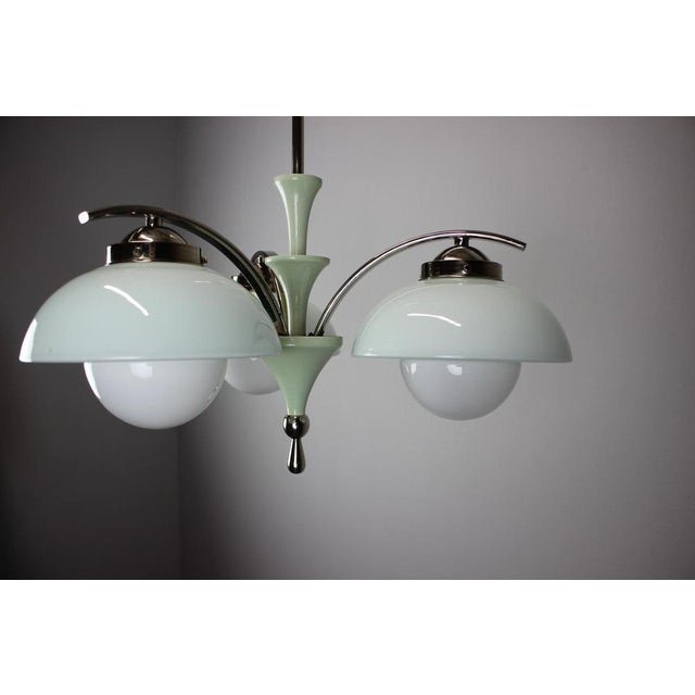 Art Deco Mint Glass and Chrome Chandelier, Former Czechoslovakia, 1930s For Sale - Image 4 of 14