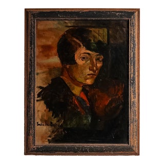 1920s Early Painting of Woman, Oil on Framed Canvas by Salcia Bahnc For Sale