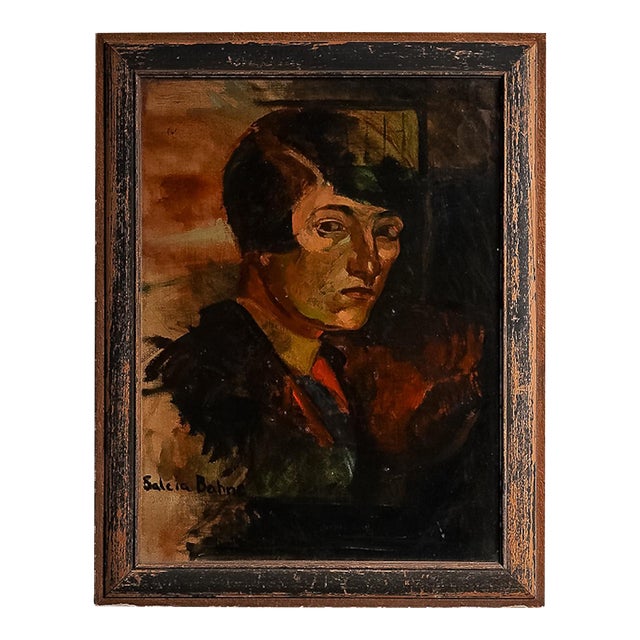 1920s Early Painting of Woman, Oil on Framed Canvas by Salcia Bahnc For Sale