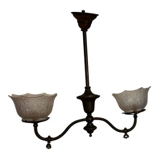 Vintage Brass Two Arm Gas Fixture With Vintage Shades For Sale