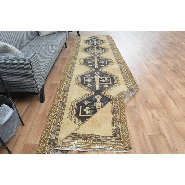 1970s Vintage Turkish Handmade Wool Cotton Beige Runner Rug For Sale - Image 4 of 11