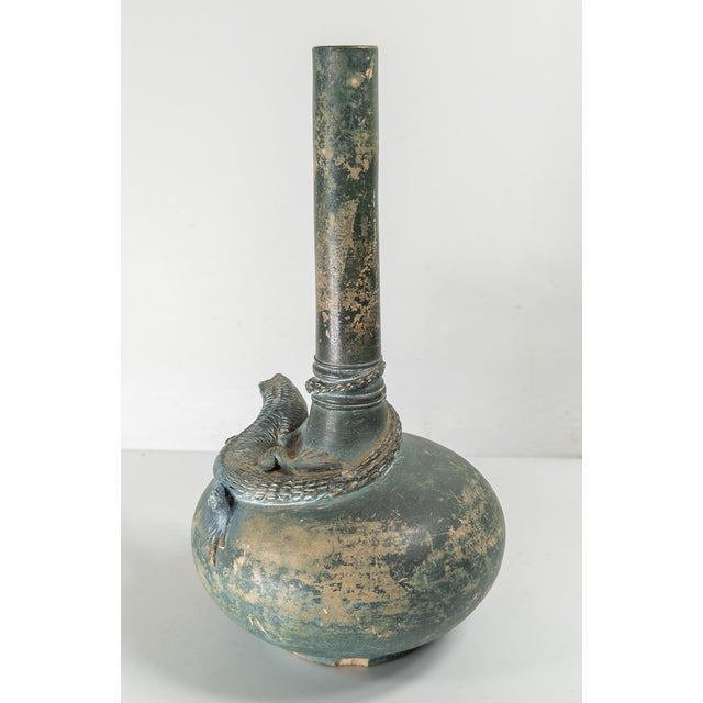 Late 19th Century 19th Century Arts and Crafts Verdigris Green Pottery Vase With Lizard, Restored For Sale - Image 5 of 13