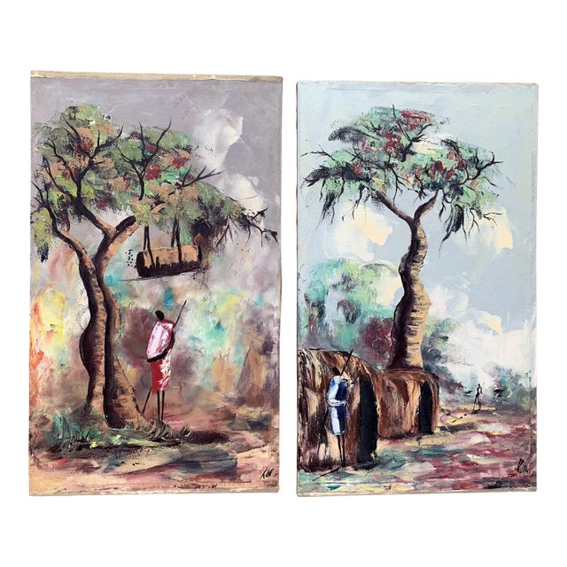 Set of Two Vintage African Oil on Canvas Paintings, Villages With Figures Signed For Sale