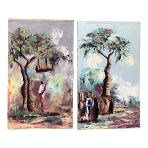 Set of Two Vintage African Oil on Canvas Paintings, Villages With Figures Signed