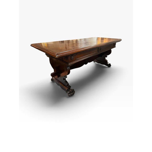 Antique Italian Carved Walnut Trestle Library Dining or Writing Table - Paw Feet For Sale - Image 9 of 15