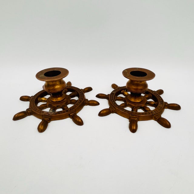 Metal Vintage Brass Nautical Ship's Wheel Candlestick Holders - Set of Two For Sale - Image 7 of 11