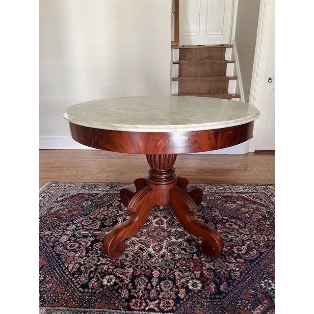 Traditional Antique 36" Marble Top Mahogany Center Table For Sale - Image 3 of 12