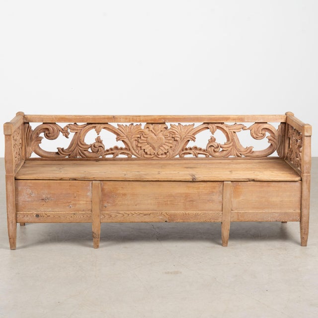 Farmhouse 1868 Swedish Carved Pine Storage Bench With Heart Detail For Sale - Image 3 of 15