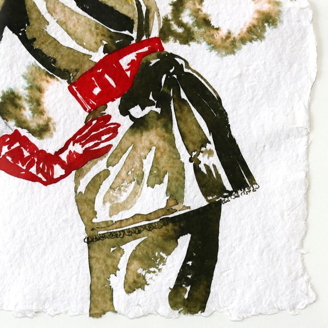 2020s Red Bow II - Original High Fashion Couture Watercolor on Paper in Gold Frame by Carlos Gamez De Francisco For Sale - Image 5 of 8