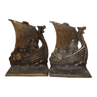 1900s Viking Themed Solid Brass Bookends For Sale