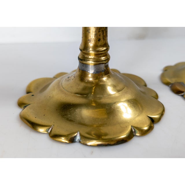 18th Century Pair of English Brass Queen Anne Candlesticks With Petal Base For Sale - Image 13 of 13
