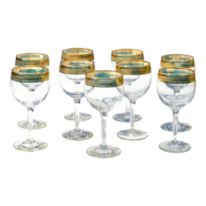 Mid 20th Century Handmade Blue & Gold Patterned Stem Glasses- S/9