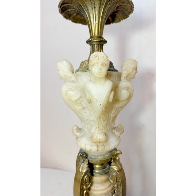 Metal Large Antique Ornate Hand Carved Figural Alabaster Cast Iron Electric Table Lamp For Sale - Image 7 of 13