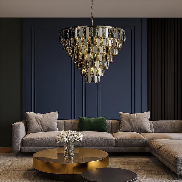 2020s Aloadecor 12-Light Dimmable 7-Tier Smoked Crystal Chandelier Large Modern Luxury Pendant Light With Polished Nickel Finish and Stainless Steel Accents For Sale - Image 5 of 9