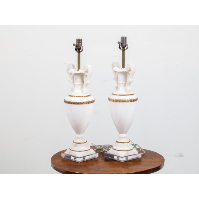 Metal 1920s French White Marble Vase Shaped Table Lamps Mounted on Lucite - a Pair For Sale - Image 7 of 10