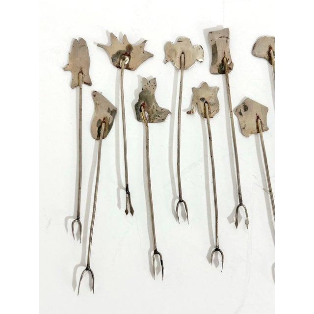 Metal Vintage Abalone Cocktail Picks – Set of 11 Iridescent Mid-Century Appetizer Forks With Organic Shapes For Sale - Image 7 of 7