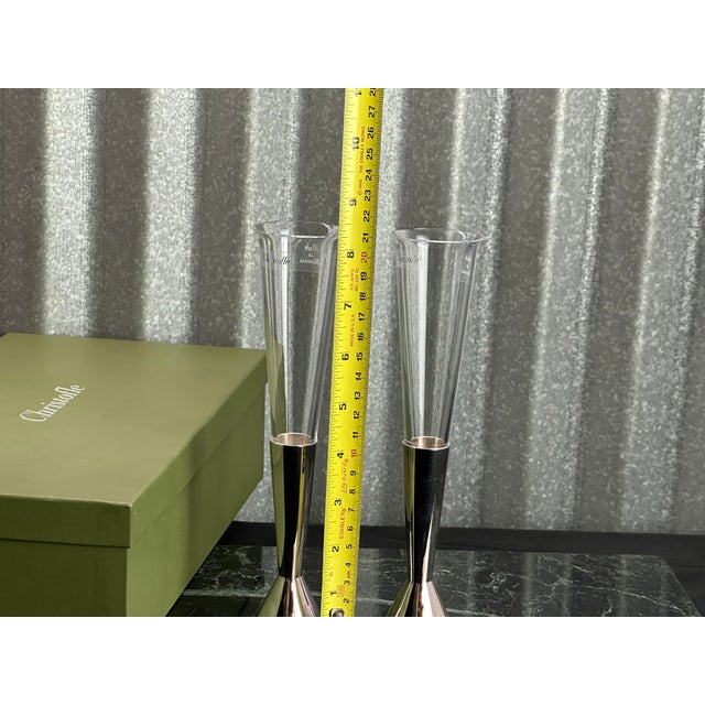 Glass Late 20th Century New Pair of Christofle Silverplated & Glass Bud Vases 8.5 in High W/Original Box For Sale - Image 7 of 11