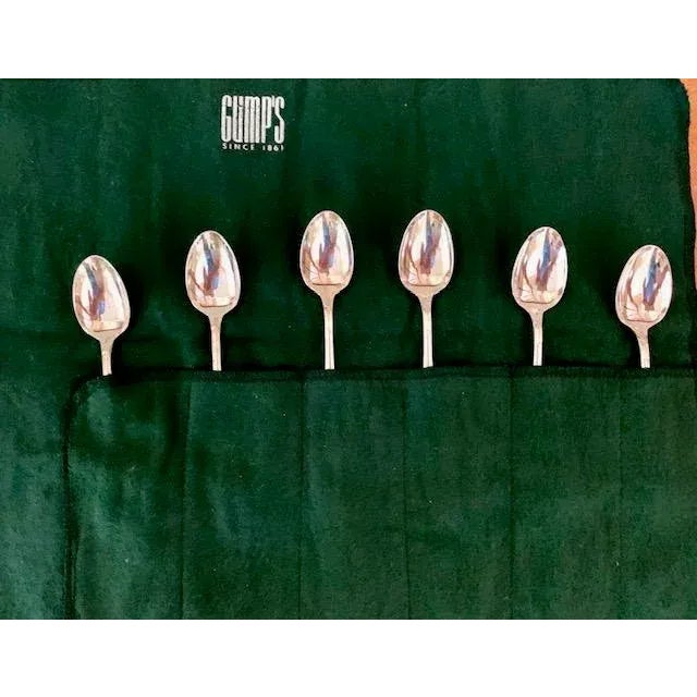 Gumps Vintage Silver Plate Stamped Gumps Demitasse Coffee Spoons Set of 12 in 2 Felt Bags For Sale - Image 4 of 6
