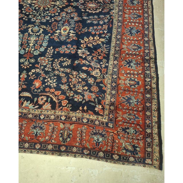 Traditional Antique Persian Sarouk Rug – Navy Field With Floral Garden Design – 8’8” × 11’7” For Sale - Image 3 of 11