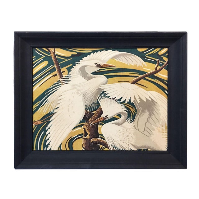 Restored Vintage 1949 Rattan Framed Crane Barkcloth Fabric Sample by Spectrum For Sale In Los Angeles - Image 6 of 6