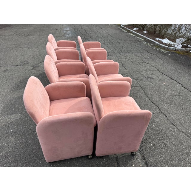 1980 Pink Mauve Suedes Chiclets Style Dining Chairs - A Set of 8 Back height: 34 Seat height: 20 Arm rest height: 28