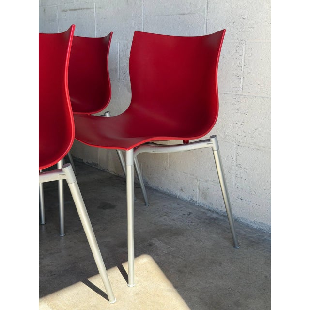 Philippe Starck Philippe Starck Red Stacking Chairs Set of 6 Molded Plastic and Aluminum 1990s For Sale - Image 4 of 14