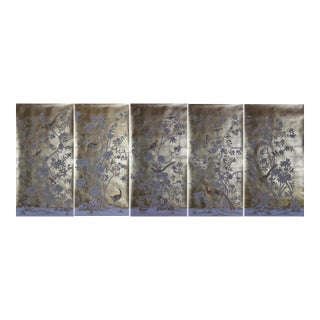 Silver Leaf Chinoiserie Hand-Painted Pale Blue Peony & Bird Wall Panels (Set of 5) For Sale