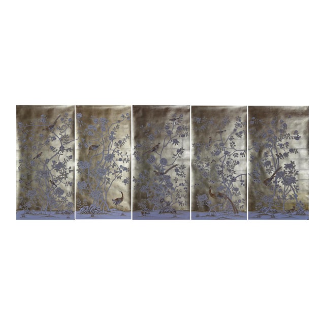 Silver Leaf Chinoiserie Hand-Painted Pale Blue Peony & Bird Wall Panels (Set of 5) For Sale