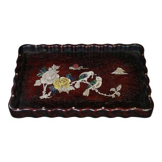 Late 20th Century Scalloped Wooden Tray With Mother-of-Pearl Bird and Peony Inlay For Sale