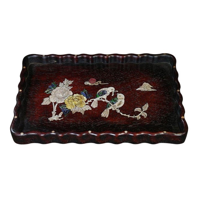 Late 20th Century Scalloped Wooden Tray With Mother-of-Pearl Bird and Peony Inlay For Sale