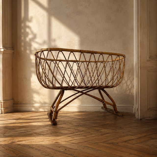 Vintage Rattan Wicker Baby Bassinet on Stand, Europe, 1970s For Sale - Image 3 of 10