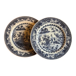 Antique 18th Century Chinese Export Qianlong / Chien Lung (1711 - 1799) Blue and White Porcelain Plates - A Pair For Sale