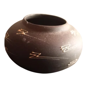 Vintage Signed Black Southwest Pattern Pottery Squat Bud Vase
