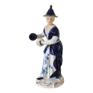 Vintage Blue & White Asian Porcelain Figurine in Traditional Dress, Marked KPM